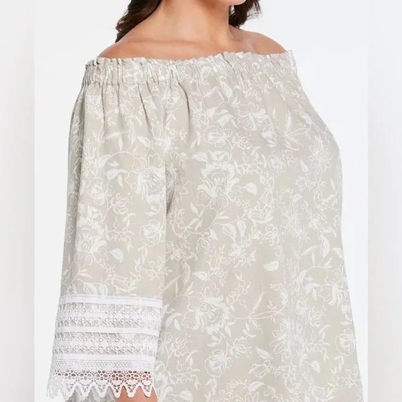 ELLA Rafaella Linen Blend Peasant Top with Lace Sleeve Medium - Picture 3 of 6